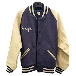 Vintage Navy Wool & Cream Leather Ellensburg Baseball Letterman Jacket